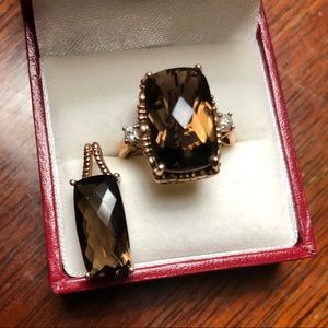 Ring&Pendant rose gold set SmokyTopaz & diamonds